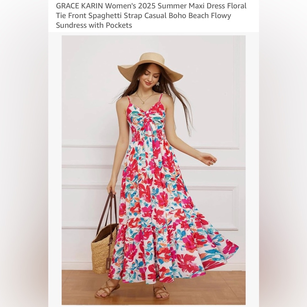 Grace Karin Floral Maxi Dress - Tie Front with Pockets Sz L NWT